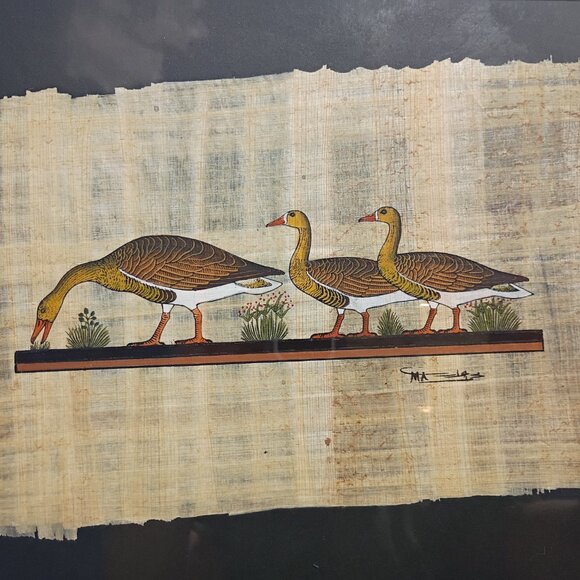 Hand Painted Geese Painting on Papyrus Gold Frame MCM Mid Century Modern Signed - Picture 3 of 11
